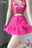 Y2K Sleeveless Crop Top Tanks Heart Striped Print Sexy Sweet Pink Camis Slim Waist Corset Zipper Denim Skirts Women