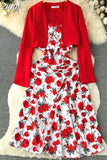 Women Two Piece Set Beach Vacation Long Sleeve Cardigans + Floral Spaghetti Strap Midi Dress Female Suit New