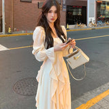 Autumn New Elegant Casual Long Sleeve Midi Dress Women Party Fashion Lady One Piece Robe Kawaii