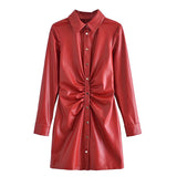 Elegant Dresses For Women Faux Leather Lace Up Button SleevelessMini Dress Office Ladies Pu Winter Clother Women Slim