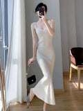 Summer New Women White Elegant V-neck Knit Slip Long Dress French Black Sexy Club Slim Prom Evening Party Fishtail