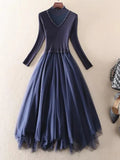 Winter Long Dresses Office Ladies Elegant Mesh Patchwork Long Sleeve Knitted Sweater Dresses Korean Fashion Slim