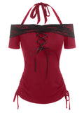 Halter Lace Up Cinched Tee Lacing Tee Off The Shoulder Tee for women summer short sleeve