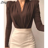 V Neck Brown Bodysuit Women Autumn Long Sleeve Top Bodies Sexy 2023 Female Overalls Casual Bodycon