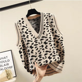 Leopard Pattern Knitted Sweater Vest Women Loose Sleeveless Fashion Short Pullover Sweater Vest Female Spring Autumn