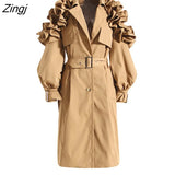 Fashion Women's Trench Coat Lapel Single Breasted Shoulder Ruffle Long Sleeve Belt Windbreaker Autumn 2023 New