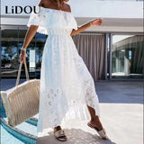 2022 Boho One Word Collar Lace Hook Flower Hollow Irregular White Long Dresses Lady Sexy Off Shoulder Beach Casual