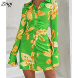 New Autumn Print Women Dress Long Sleeve Single Breasted Ruched Female Dress Elegant Casual Party Clubwear Vestidos