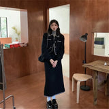 Women'S Black Tweed 2pcs Set Autumn Korean Round Neck Long-Sleeved Top Fashion Suits With Long Skirt 2021 Y2k High-Waisted