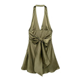 Women's Clothing 2025 Spring New Silk-Sense Texture Hanging Neck-Deck Bow Tie With