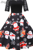 Christmas Dress Women 2023 New Short Sleeve Print High Waist Elegant Vintage Winter Xmas Party Sundress 3XL