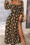 Print Dress Women Boho Elegant Lace Up Side Splits Dresses Ladies Casual Sexy Square Neck Long Sleeve Dress Beach
