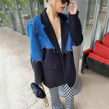 Vintage Denim Spliced Blazer Women's Autumn 2023 New Notched Loose Single Breasted Long Sleeve Suit Coat