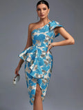 Ruffle Party Dress Women Blue Bodycon Dress Elegant Sexy Midi One Shoulder Evening Club Outfits 2022 Summer New