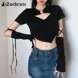 SUCHCUTE Aesthetic Women Cropped Tops Gothic Long Sleeve With Gloves Harajuku Vintage T-Shirts Casual Korean Style Slim
