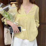 Vintage Sweet Lace Shirts Women Korean Cute V Neck Long Sleeve Loose Blouses Summer Streetwear Boho Beach Casual Tops