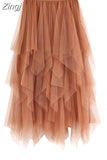 Women Sweet Midi Spring And Summer High Waist Solid Asymmetrical Elegant Chic White Mesh Tulle Skirts