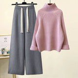 Women Sweater Suit Autumn Winter Turtleneck Knitting Sweater and Wide Leg Pants Sets Elegant Loose Jumpers Oversized