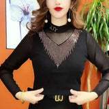 Winter Stand Collar Diamonds Mesh Patchwork Sexy T-shirt Lady Long Sleeve Slim All-match Bottoming Pullover Top Women