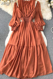 Vintage Purple/Green/Orange Women Draped Long Dress Elegant Ruffle Collar Hollow Out High Waist A-Line Vestidos