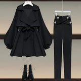 Office Ladies Elegant 2 Piece Sets Women Korean FashionTurn-down Iantern Long Sleeve Trench Coat And Bodycon Pants
