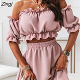 woman's skirt sets solid strapless sexy elastic waistless ruffle short puff sleeve tops skirt casual party 2-piece