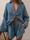 Long Sleeve Lapel Single Breasted Cardigan Shirt + Elastic Waist Shorts 2 Piece Set Women Casual Loose Solid Pocket