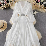Retro High-End Feel V-Neck Lantern Sleeve Nail Diamond Dress Women's Waist Thin Temperament Elegant Swing Long