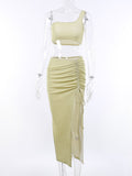 Knit 2 Piece Set Women Sequin One Shoulder Sleeveless Crop Top Drawstring Side Split Skirt Sexy Elegant Vacation