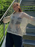 2022 Hollow Out Long Sleeve T Shirts Oversized O Neck Y2K Summer See Through Black 90s Vintage Beach Sexy Tops