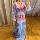 Autumn Mesh Long Sleeve Patchwork Party Dress Elegant Flower Print Waist Pleats Dress Women's Fashion V-neck Bohemian