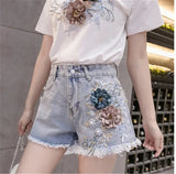 Styles Embroidery Ripped Denim Shorts 3D Floral High Waist Jeans Short Femme 2023 New Frayed Hole Shorts Women Summer