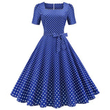 Dot Vintage Dress Women Summer Tunic Robe Elegant Short Sleeve Square Collar A-Line Midi Party Sundress 50s 60s