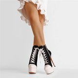 Onlymaker Women's Canvas Platform Lace Up Ankle Boots16cm High Heel Side Zipper Plus Size Fashion Sexy Stiletto