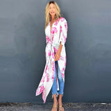 Boho Parrot Printed Front Open Summer Beach Dress Sexy White Chiffon Tunic Women Plus Size Beachwear Long Kimono Dress