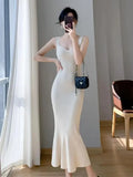 Summer New Women White Elegant V-neck Knit Slip Long Dress French Black Sexy Club Slim Prom Evening Party Fishtail