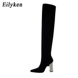 Designer Stretch Cloth Women Over-the-knee Boots Metal Square High Heel Shoes Sexy Pointed Toe Ladies Motorcycle