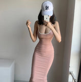 Winter Base Solid Color Tight Elastic Stitching Low Chest Sexy Holiday Slim Hip Show Thin Long Pencil Dresses Dress