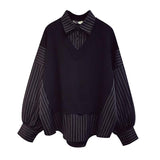 Balck Striped Women Blouses Harajuku Vintage Fake Two-piece Knitted Oversize White Shirt Basic Female Long Sleeve
