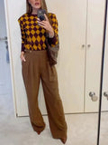 Brown N Yellow Diamond Printed Sweater- Outfit