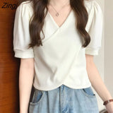 Sleeve Blouse Women V-neck Solid Summer Asymmetrical All-match Simple Basic Elegant Sweet Lady Tops Design Korean