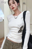 Web Print Tees O Neck Autumn Slim Fit Long Sleeve Bottoming T-shirts Tops Women Y2k Streetwear Irregular