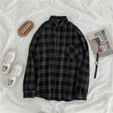 Women Plaid Shirts Loose Oversize Long Sleeve Button Up Fall Shirt Casual Pocket Female Tops Korean Black