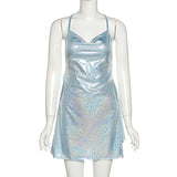 Sexy Women Halter Neck Backless Shiny Mini Nightclub Dress 2022 Summer Blue Pink Package Hip Party Dresses For