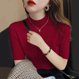 and Summer Half Sleeve Tank Top Knitted Blouse Fashion Women Casual Half-high Collar Clothes Bottoming Tops New