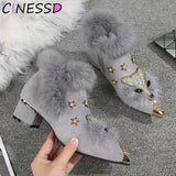 Boots Womens Pointed Metal Ankle Boots Crystal Fox Pattern Women Metal Pointed Toe Glitter Fur Moccasins Bottes