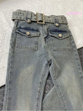 Women Slim Pocket Flare Jeans Retro Solid High Waist Y2K Fashion Basic Autumn Ladies Streetwear Denim Wide Leg Pants With