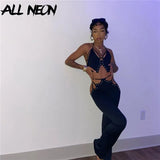 Grunge Punk Streetwear Lace Up Black 2 Piece Pants Suits Y2K Fashion Sexy Backless Halter Tops Cut Out Pants Co-ord