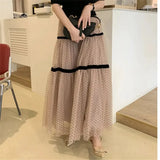 Quality Skirts Women Summer Casual Elastic High Waist Mesh Midi Skirt Spring Female Skirts Elegant Flocking Polka Dot
