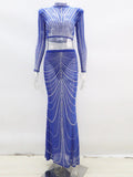Sexy Black Shine Rhinestone Crystal Sheer Skirt Set New Women Long Sleeve Top And Maxi Skirt Suits Night
